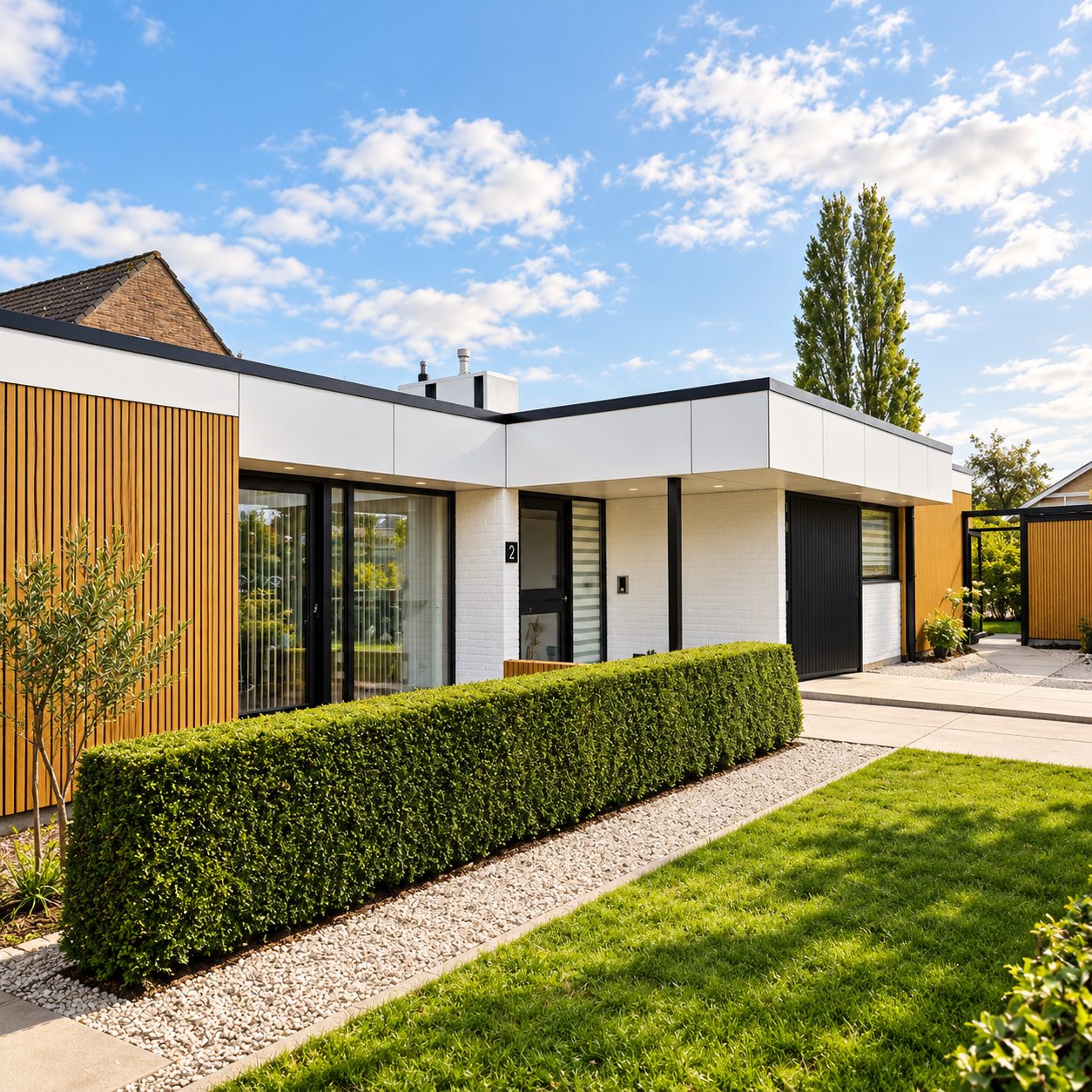 Moderne woning met houten gevelbekleding en plat dak